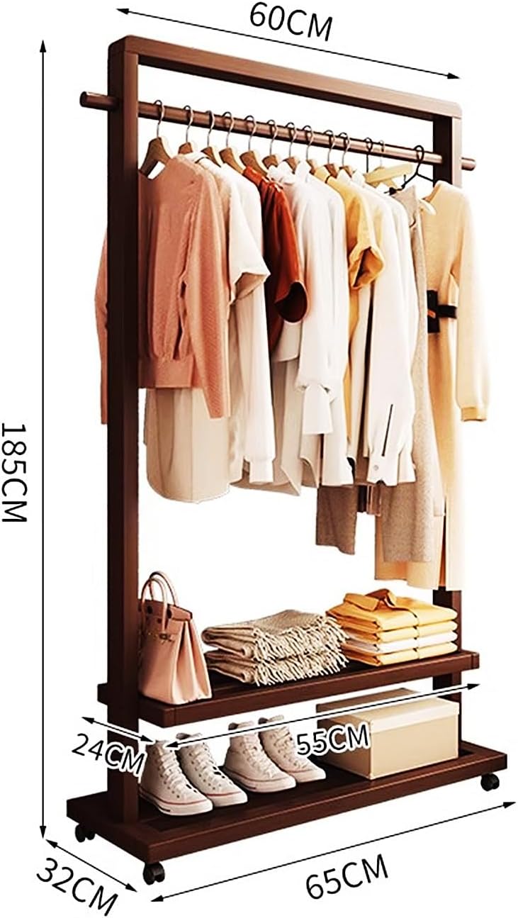Large Solid Wood Clothes Rack, Garment Rack for Hanging Clothes, Bamboo Clothing Rack with Storage Shelf & Wheels, Portable Clothes Rack Coat Rack for Entryway and Bedroom,Brown,65cm