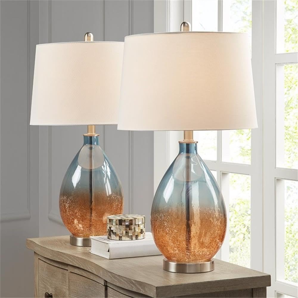 Pemberly Row Set of 2 Contemporary Table Lamps, 26 in Tall, Glass and Fabric, Blue with White Drum Shades, Metal Accents, Ideal for Living Room or Bedroom Lighting