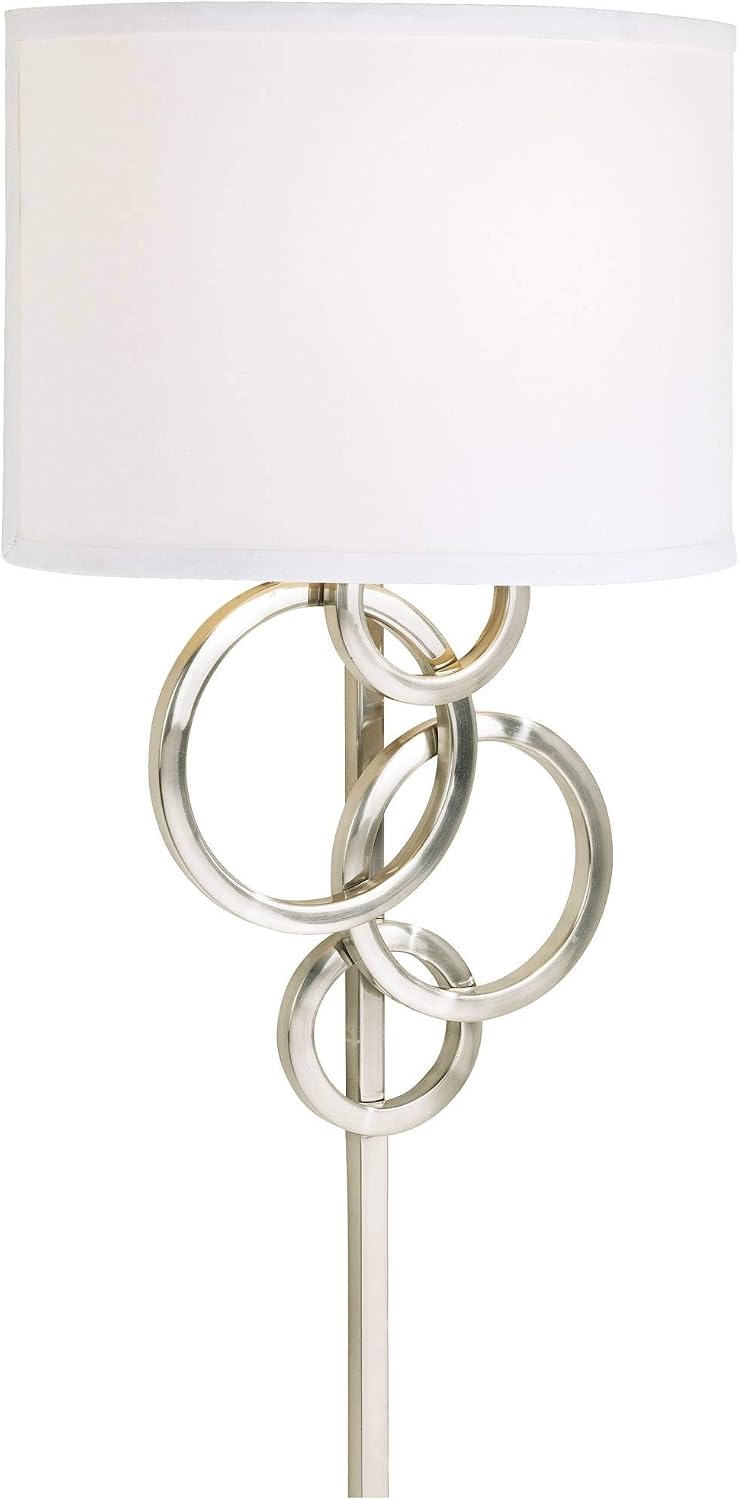 Possini Euro Design Circles Modern Indoor Wall Mount Lamp Brushed Nickel Silver Plug-in Light Fixture Off White Cotton Half Shade for Bedroom Bedside House Reading Living Room Home Hallway Dining