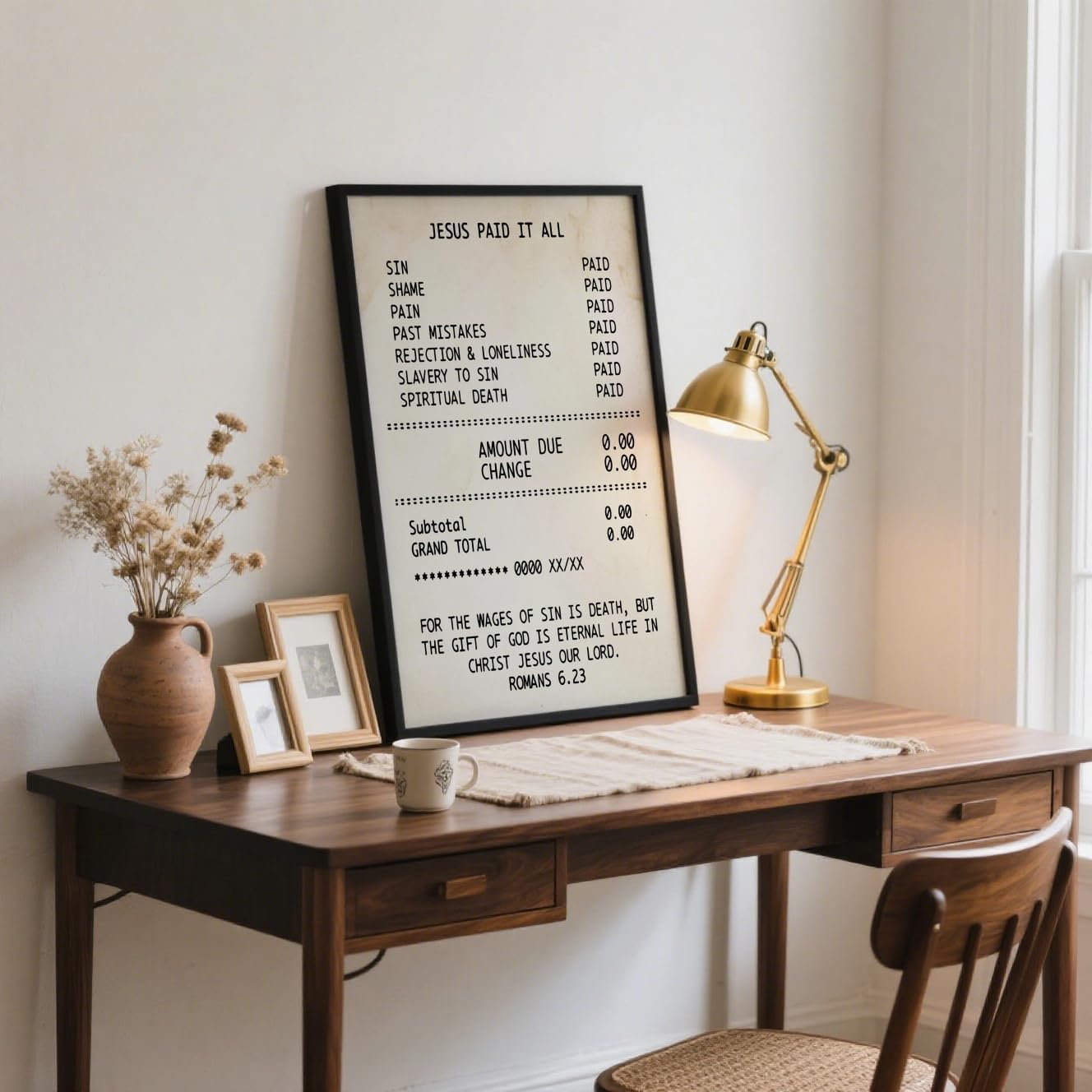 Vintage Christian Wall Art Print Jesus Paid It All Scripture Canvas Poster Inspirational Bible Verse Romans 6:23 Religious Gift Wall Decor for Home Church Prayer Room 24x36inch Aluminum Framed
