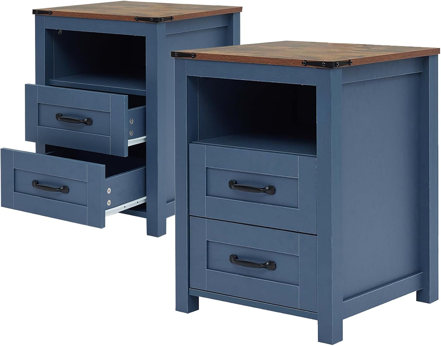 Farmhouse Nightstand Set of 2, Bedside Table with 2 Drawers Storage, End Table with Open Shelf, Night Stand for Bedroom Without Charging Station, Blue