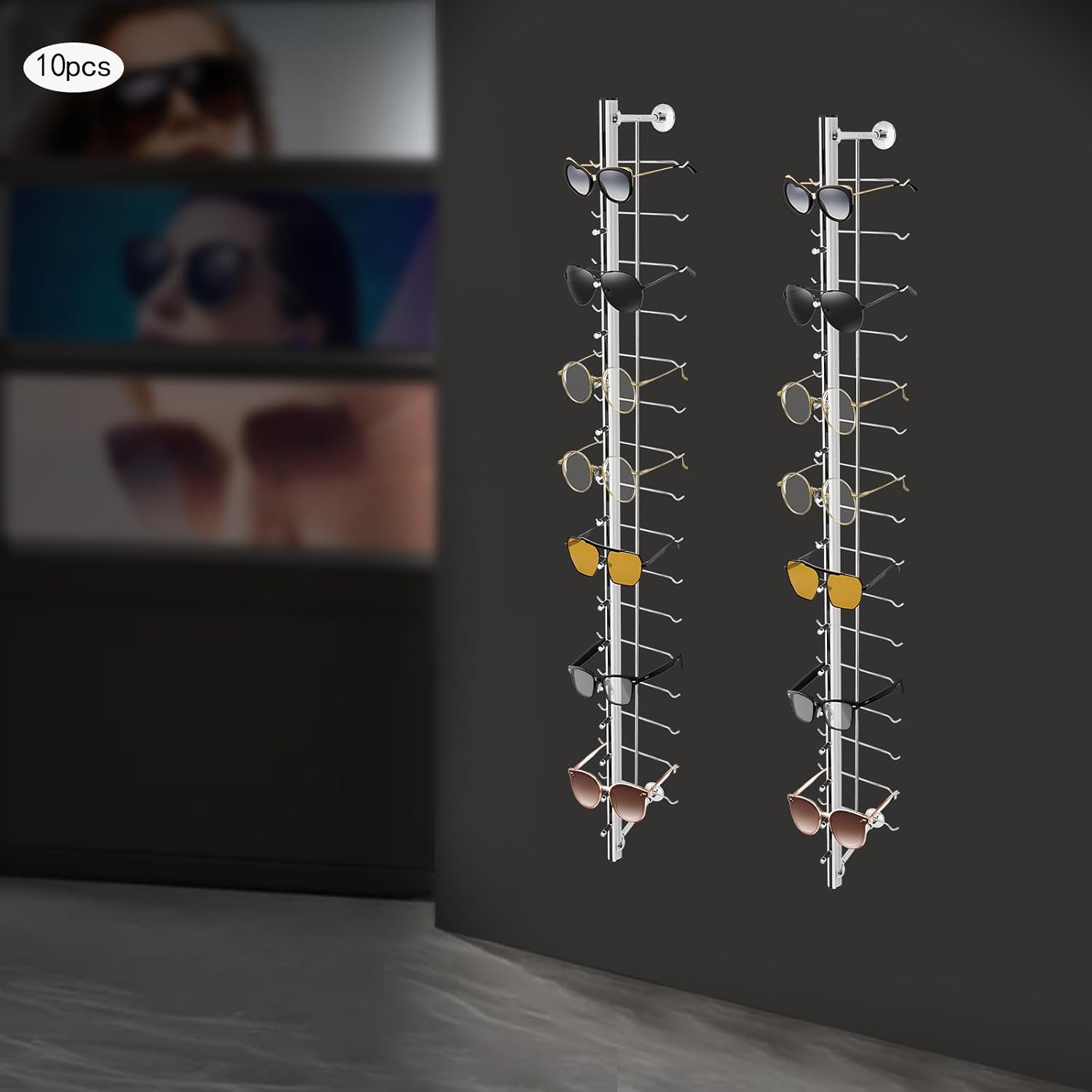 10Pcs Eyeglass Display Stands, Wall Mounted Sunglasses Storage Organizer Aluminium Eyeglasses Holder, 4ft Hold 16 Frames without Lock, Eyewear Glasses Display Rod
