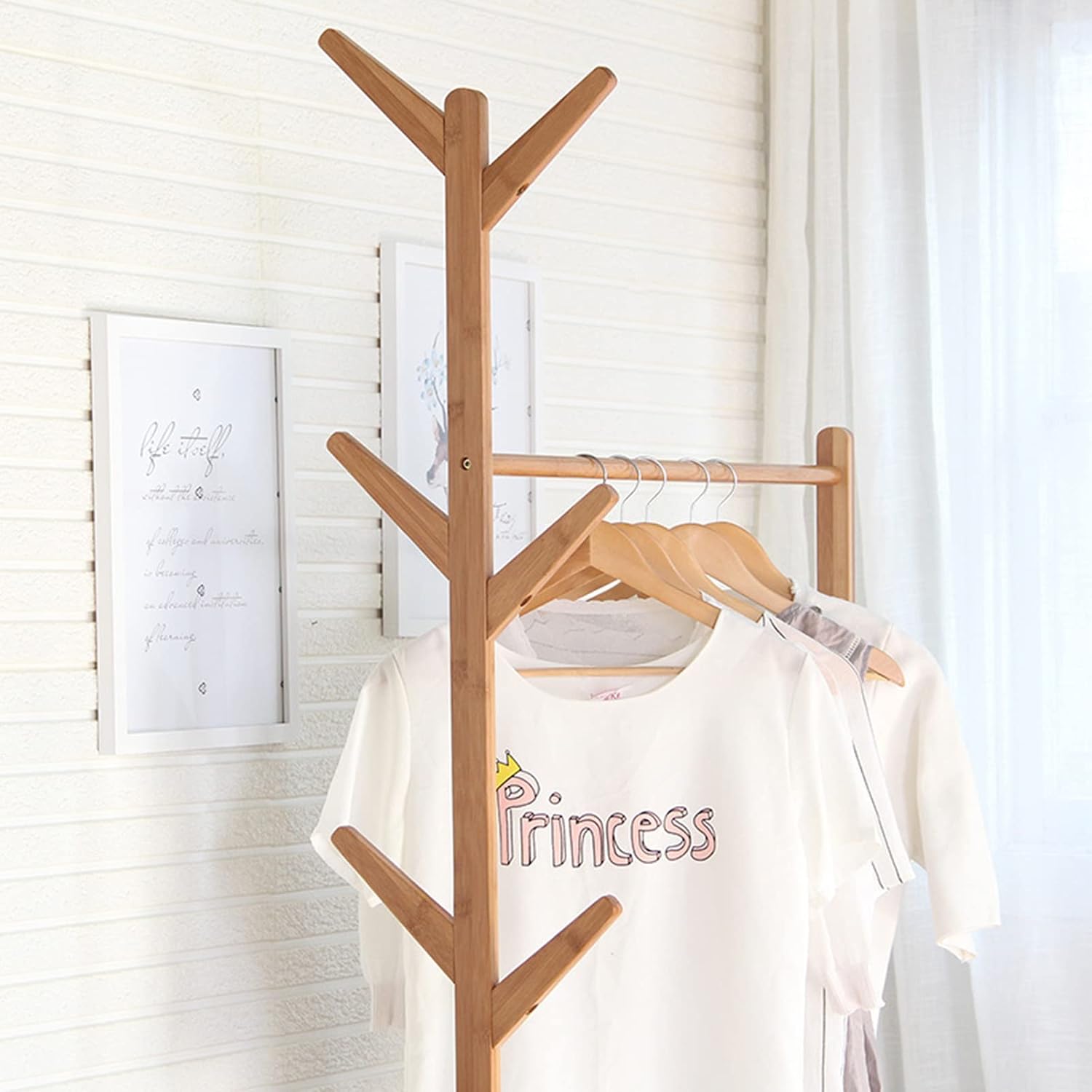 Bamboo Garment Rack, Laundry Clothes Drying Rack, Coat Clothes Hanging Heavy Duty Racks With Top Shelf And Shoe Clothing Storage Organizer Shelves For Bedroom (100cm)