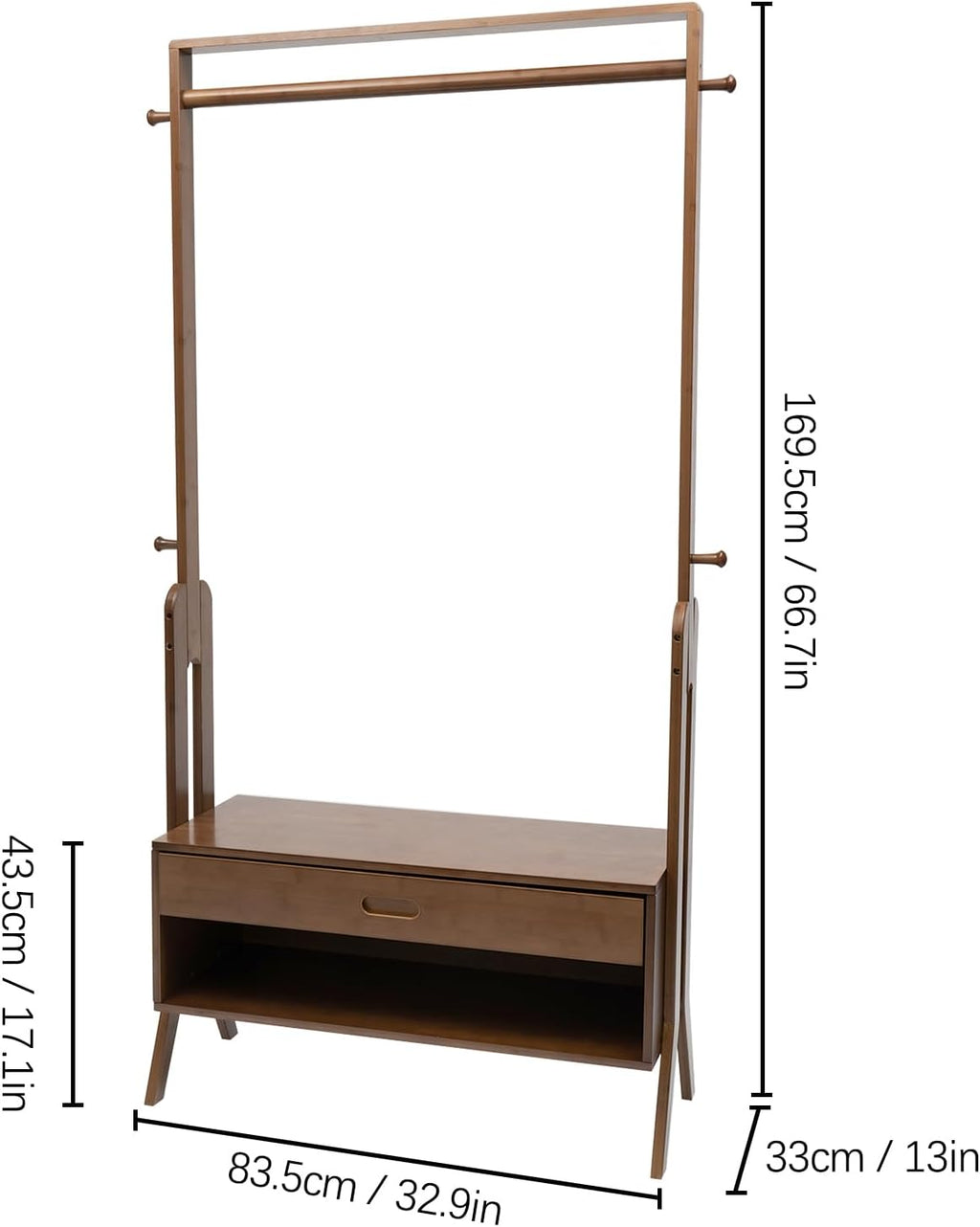 Bamboo Garment Rack Freestanding Closet Organizer, 83.5x33x169.5cm Coat Rack with Storage Shelf, Multifunctional Clothes Hanging Stand for Bedroom Entryway, Freestanding Clothing Storage Organizer