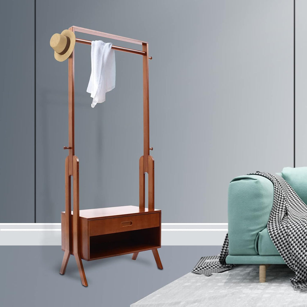 TFCFL Heavy Duty Garment Rack 2-in-1Nan Bamboo Clothes Rack Multi-Purpose Coat Rack with a Hanging Rod, Storage Cabinet and 4 Hooks for Living Room, Bedroom