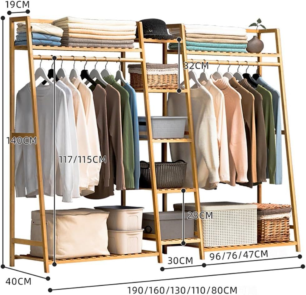 Floor-Standing Solid Wood Rotating Coat Rack，Bamboo Open Wardrobe Coat Rack with Shelves - Versatile Clothing Organizer for Coats, Towels, Shoes & Boxes - Stylish Bedroom Storage Solution fo