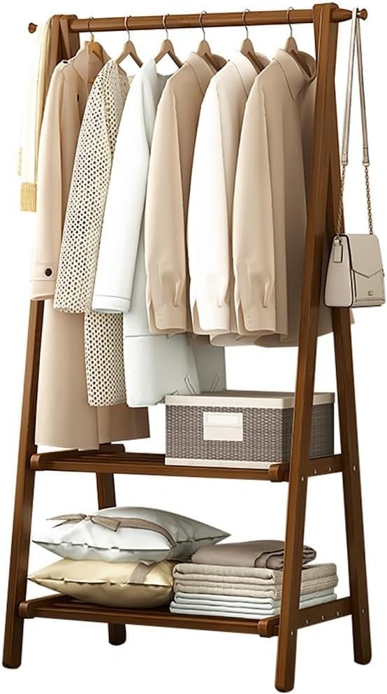 Double Layer Bamboo Clothes Rail with 160cm Hanging Height, Lightweight Foldable Garment Rack for Bedroom, Versatile Clothes nizer with Storage Shelf - L:66/86/116CM