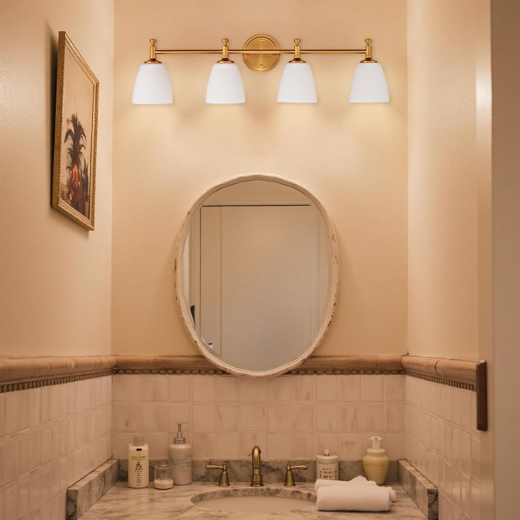 Bathroom Vanity Light Fixture, 4-Light Vintage Bathroom Lighting Fixtures Over Mirror, Antique Brass Finish with Frosted Milk Glass Shade, Wall Sconces Lighting for Bedroom, Living Room, Hallway
