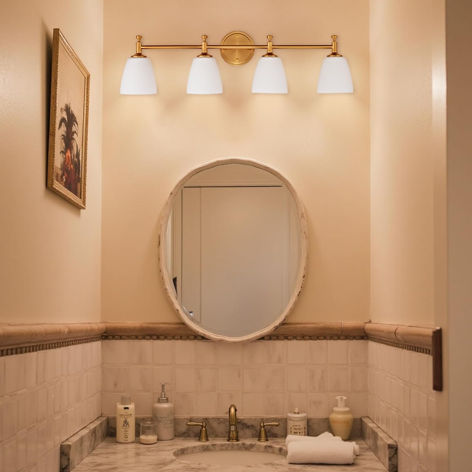 Bathroom Vanity Light Fixture, 4-Light Vintage Bathroom Lighting Fixtures Over Mirror, Antique Brass Finish with Frosted Milk Glass Shade, Wall Sconces Lighting for Bedroom, Living Room, Hallway