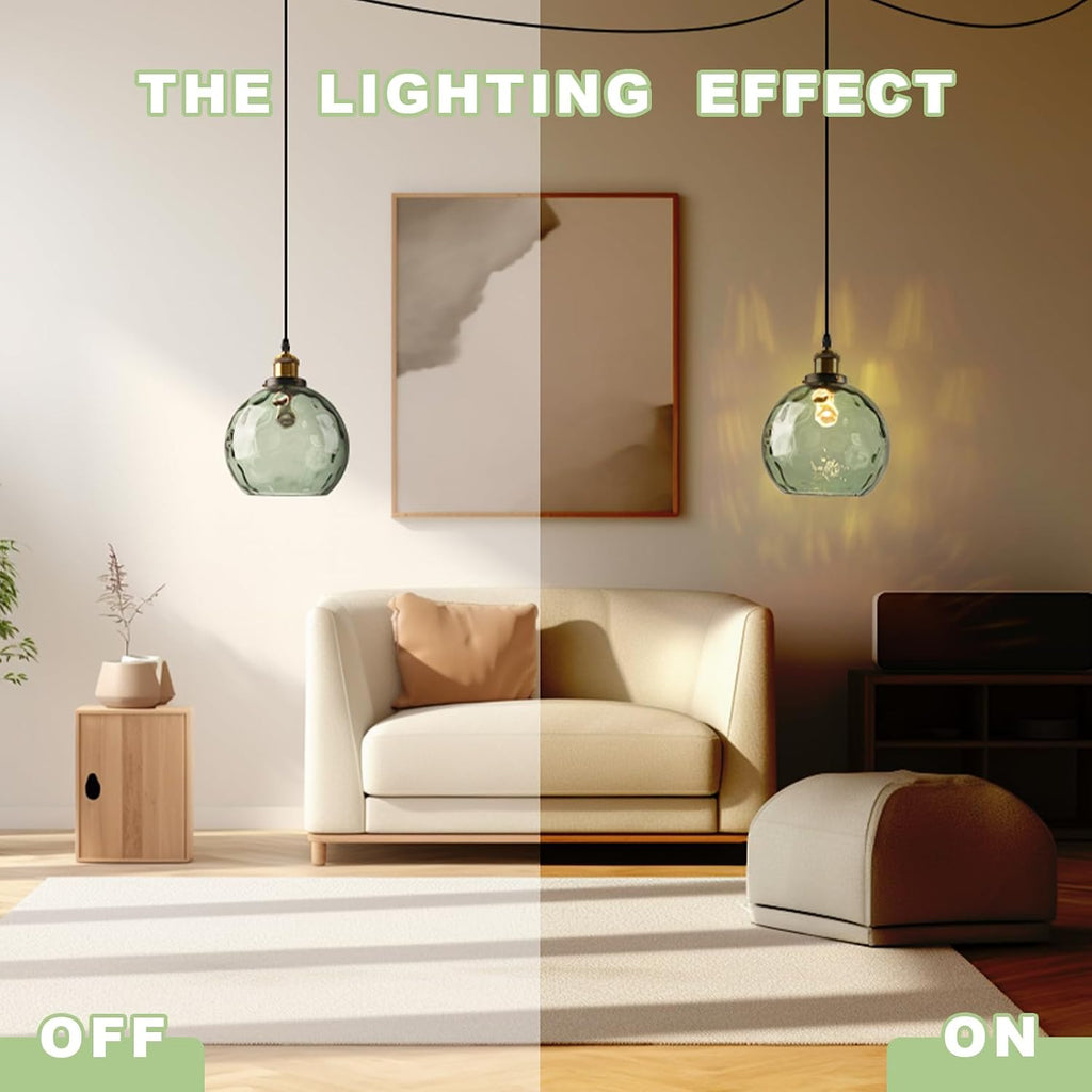 Small Plug in Pendant Light for Ceiling, Green Glass Hanging Light Shade 7.8-inch Hand Blown Mid Century Modern Chandelier for Kitchen Island Dining Room Living Room Bedroom Corner