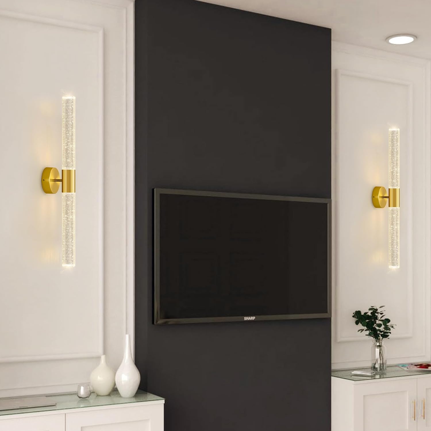 Gold Wall Sconces Set of 2 LED Modern Sconces Dining Room Wall Lighting 10W 3000K LED Wall Lights Crystal Hardwired Wall Light Fixtures for Living Room Bedroom Bathroom Hallway