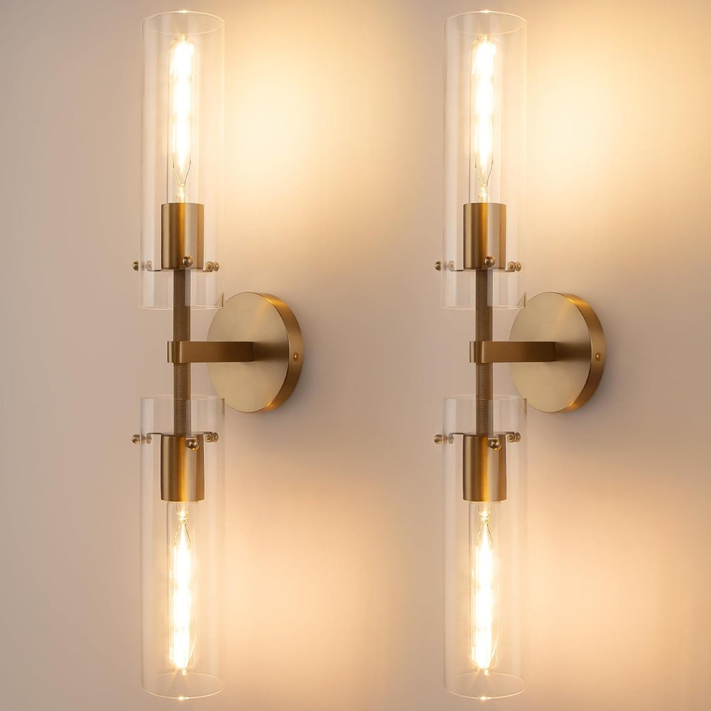 Brass Gold 2-Light Knurled Wall Sconce, Dual-Head Vanity Lamp Set of Two with Clear Glass Tube, Bathroom Wall Sconces, Wall Lights for Living Room Bedroom Hallway Kitchen Bathroom Mirror