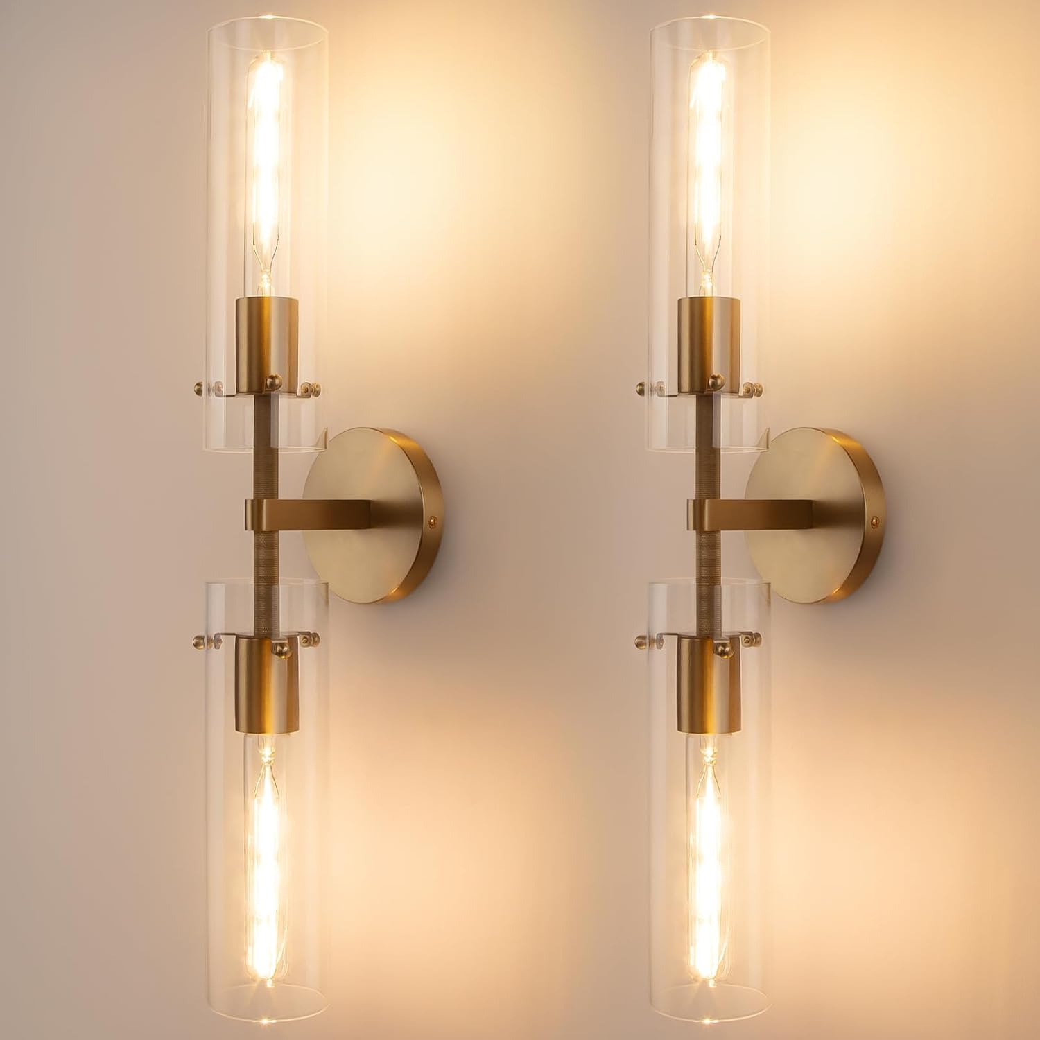 Brass Gold 2-Light Knurled Wall Sconce, Dual-Head Vanity Lamp Set of Two with Clear Glass Tube, Bathroom Wall Sconces, Wall Lights for Living Room Bedroom Hallway Kitchen Bathroom Mirror