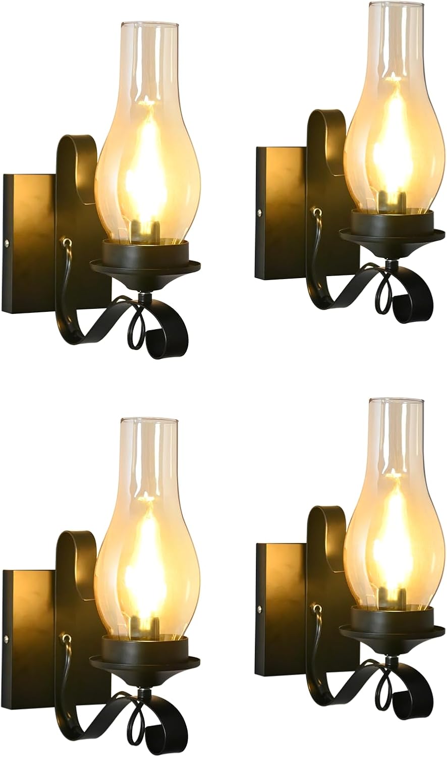 Rustic Wall Sconces, Black Farmhouse Industrial Wall Sconce with Amber Glass, Vintage Retro Wall Lamps, Indoor Wall Lighting Lantern for Bedroom Living Room Bathroom (4 Pack Hardwired)