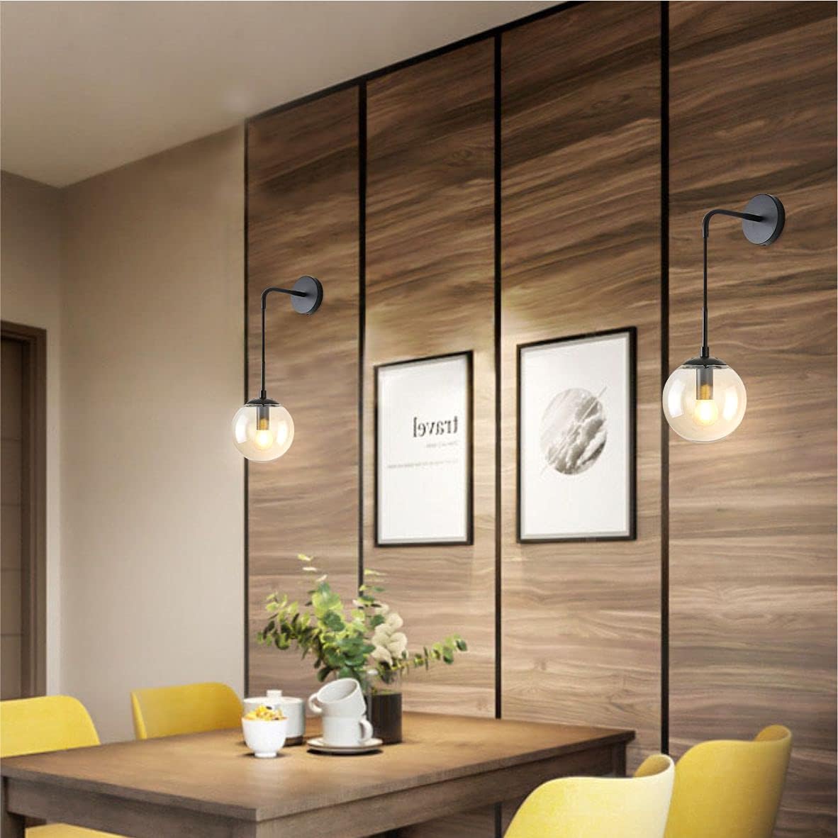 BOKT Matte Black Amber Glass Round Wall Sconce Light Set of Two Mid Century Modern Globe Bathroom Wall Sconce Lamp Set of 2 Farmhouse Industrial Adjustable Bar Wall Light Fixture (Amber)