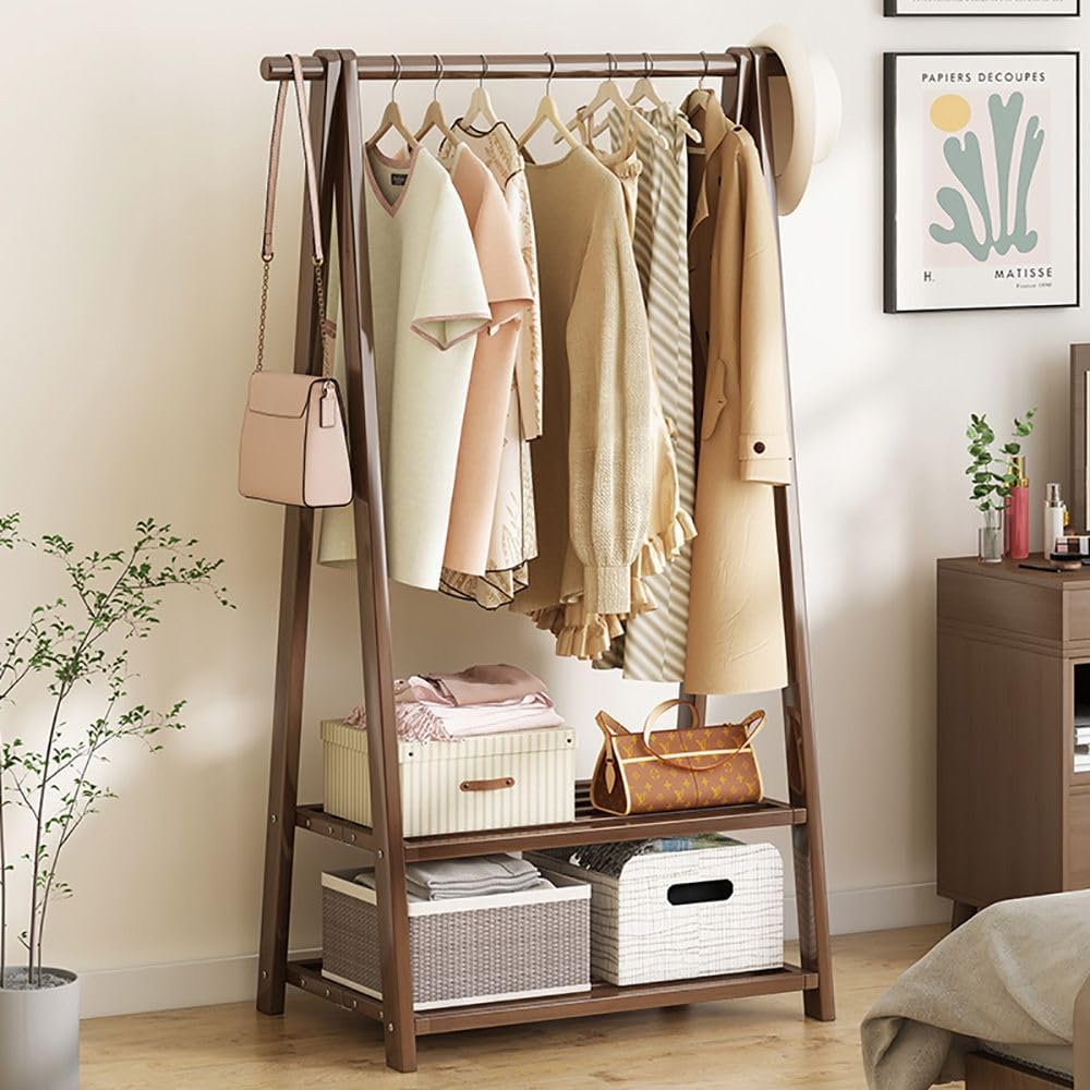 HomeLava Clothes Rack Portable Heavy Duty Garment Rack for Hanging Clothes, Free Standing Closet Organizers with 2 Tiers Shelves for Cloakroom Bedroom Laundry Room (Rustic Brown, 25.9'')