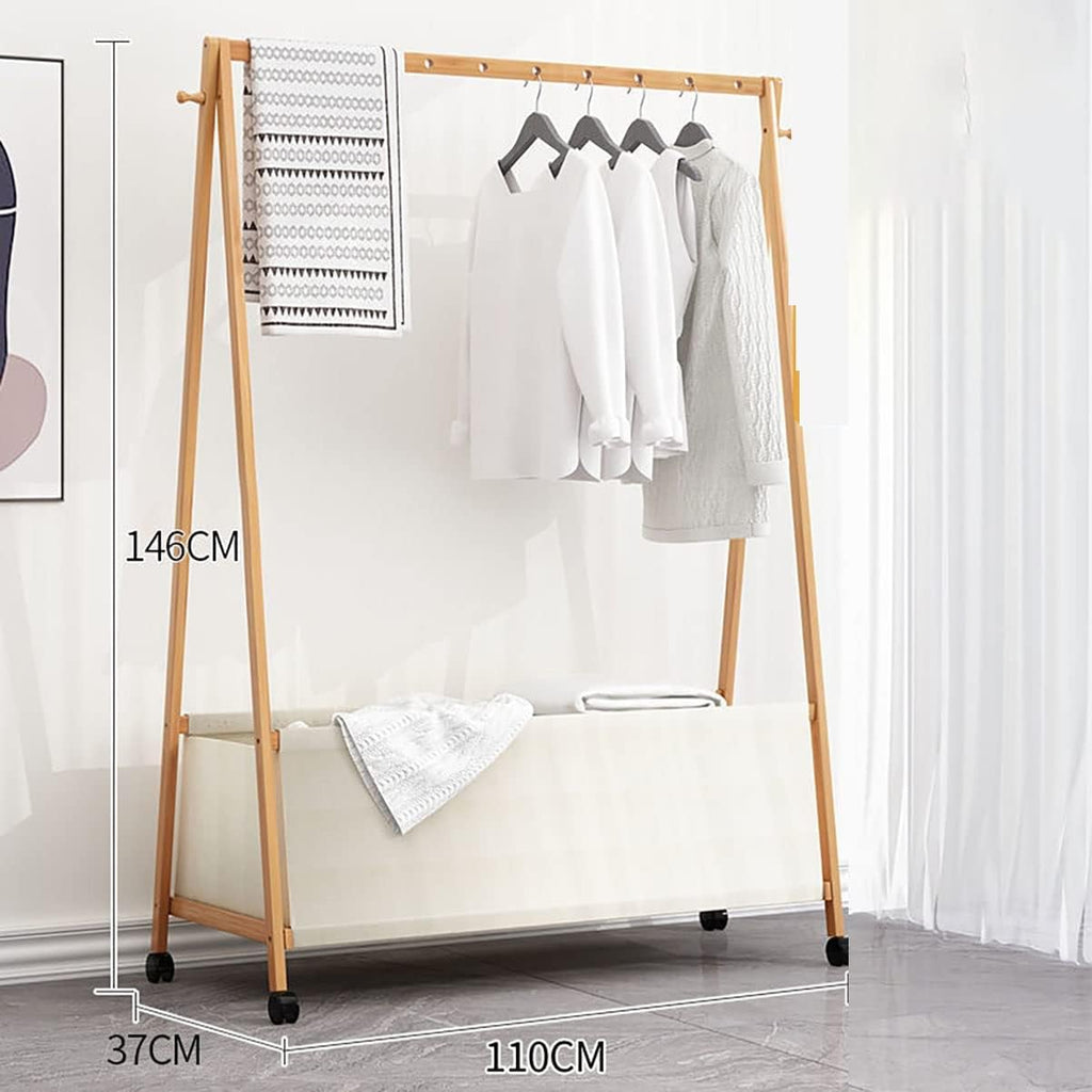 Foldable Clothes Hanging Rack, Bamboo Garment Rack On Wheels, for Bedroom Living Room, Space Saver,110 * 37 * 146cm