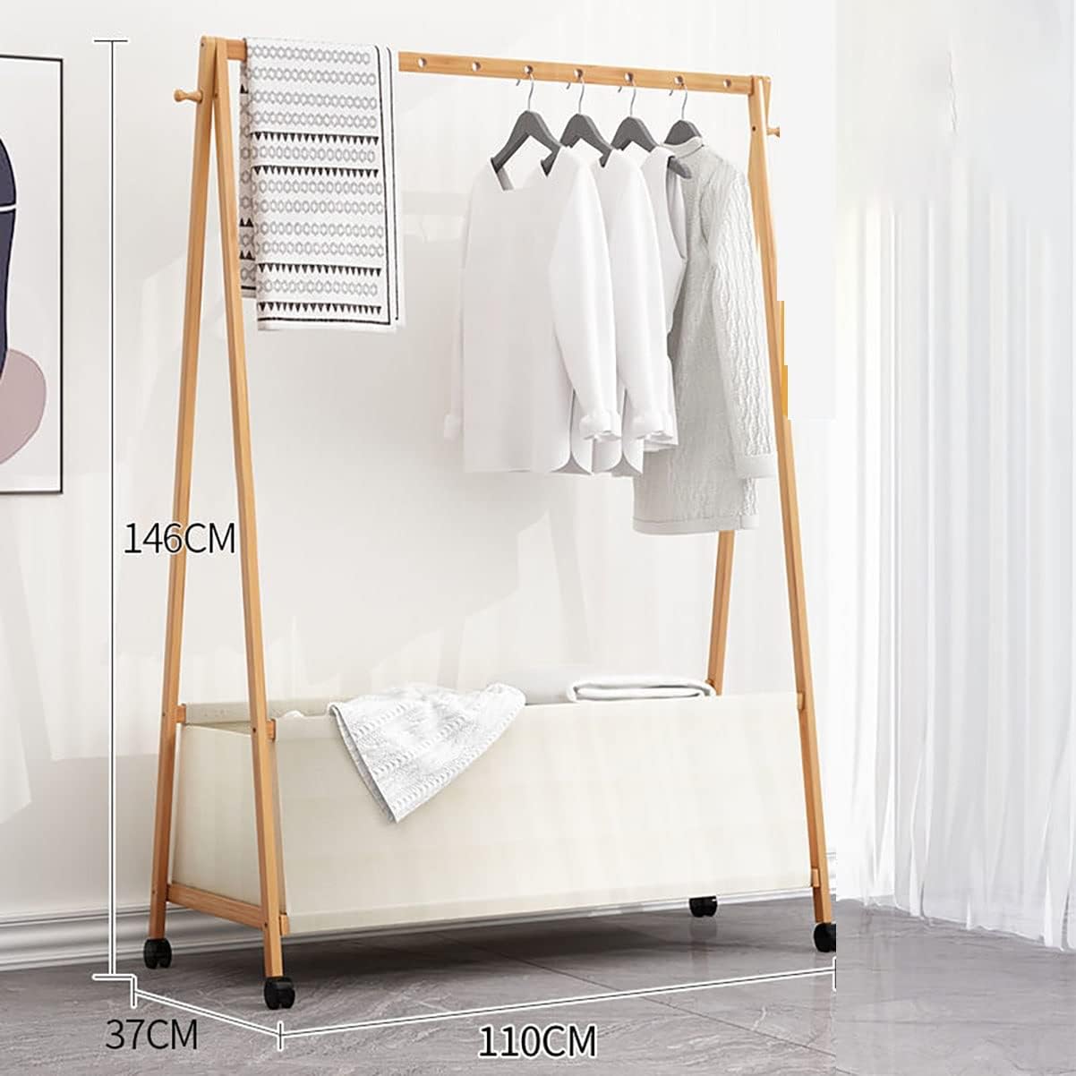 Foldable Clothes Hanging Rack, Bamboo Garment Rack on Wheels, for Bedroom Living Room, Space Saver/110 * 37 * 146Cm