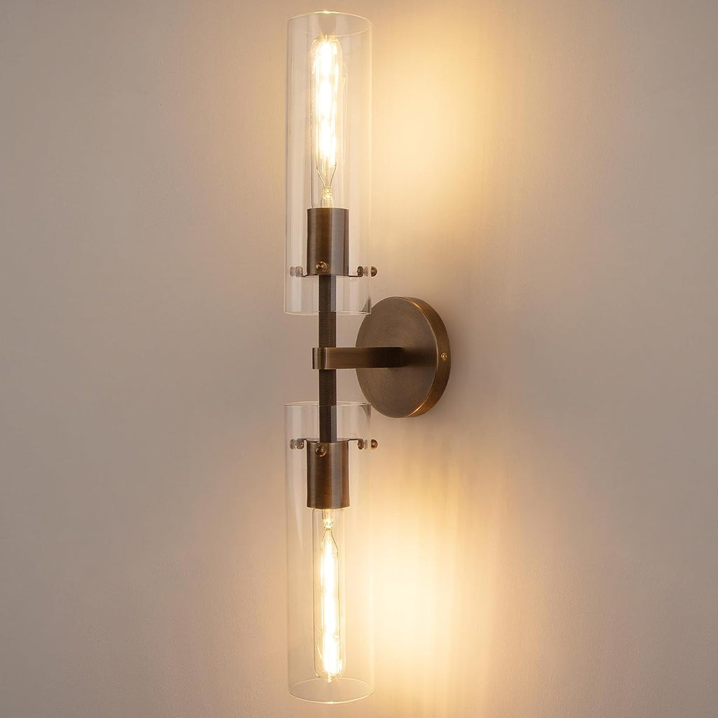 Brass Bronze 2-Light Knurled Wall Sconce, Dual-Head Vanity Lamp with Clear Glass Tube, Bathroom Wall Sconces, Wall Lights for Living Room Bedroom Hallway Kitchen Bathroom Mirror