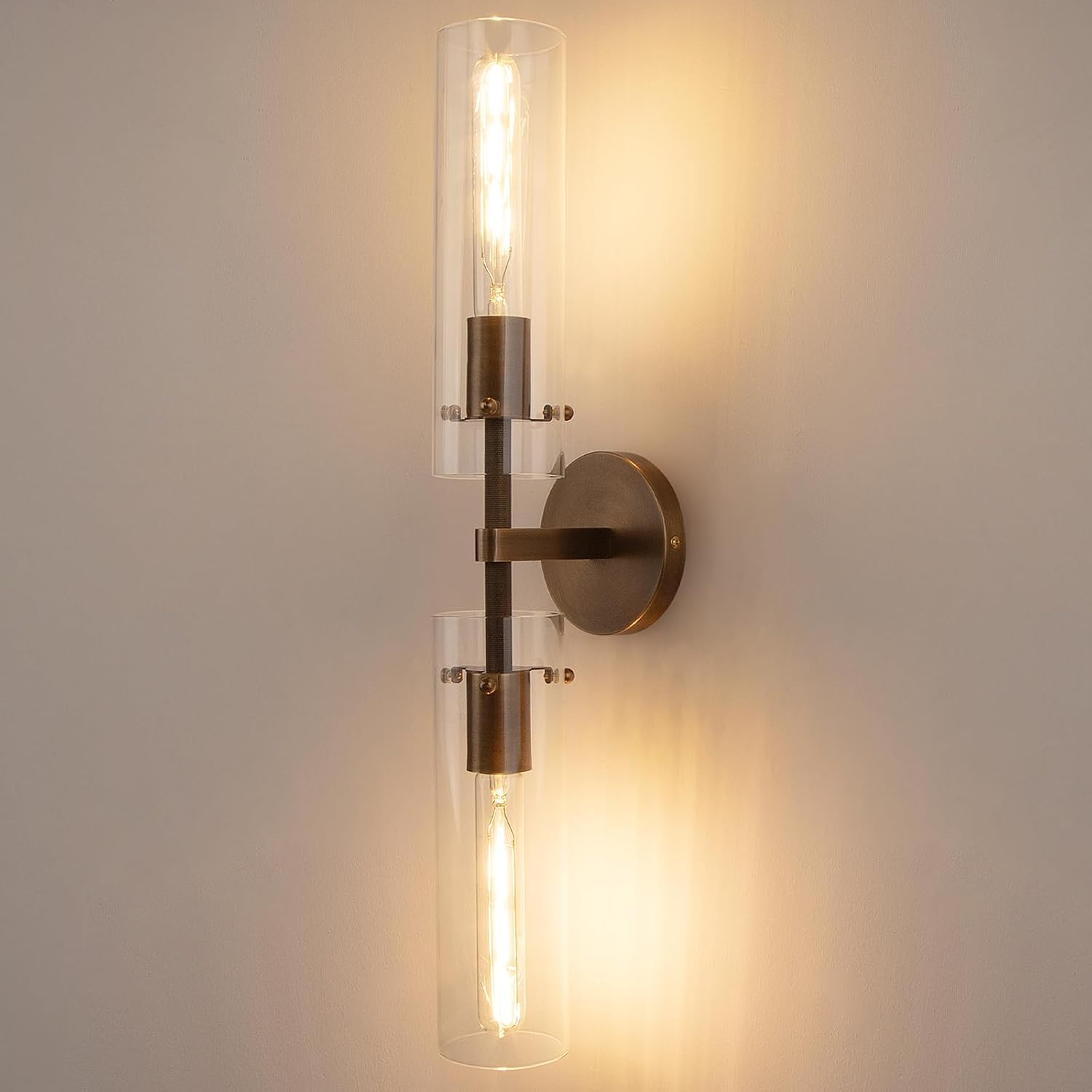 Brass Bronze 2-Light Knurled Wall Sconce, Dual-Head Vanity Lamp with Clear Glass Tube, Bathroom Wall Sconces, Wall Lights for Living Room Bedroom Hallway Kitchen Bathroom Mirror
