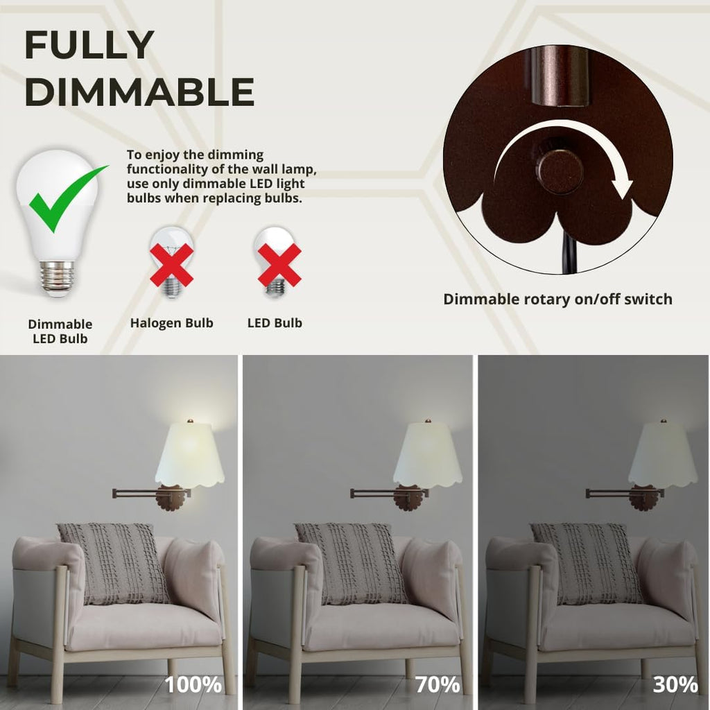 Royal Designs, Inc. Set of 2 Scalloped Swing-Arm Dimmable Wall Lamp - Oil Rubbed Bronze Lamp with Linen Eggshell Scallop Hardback Lampshade