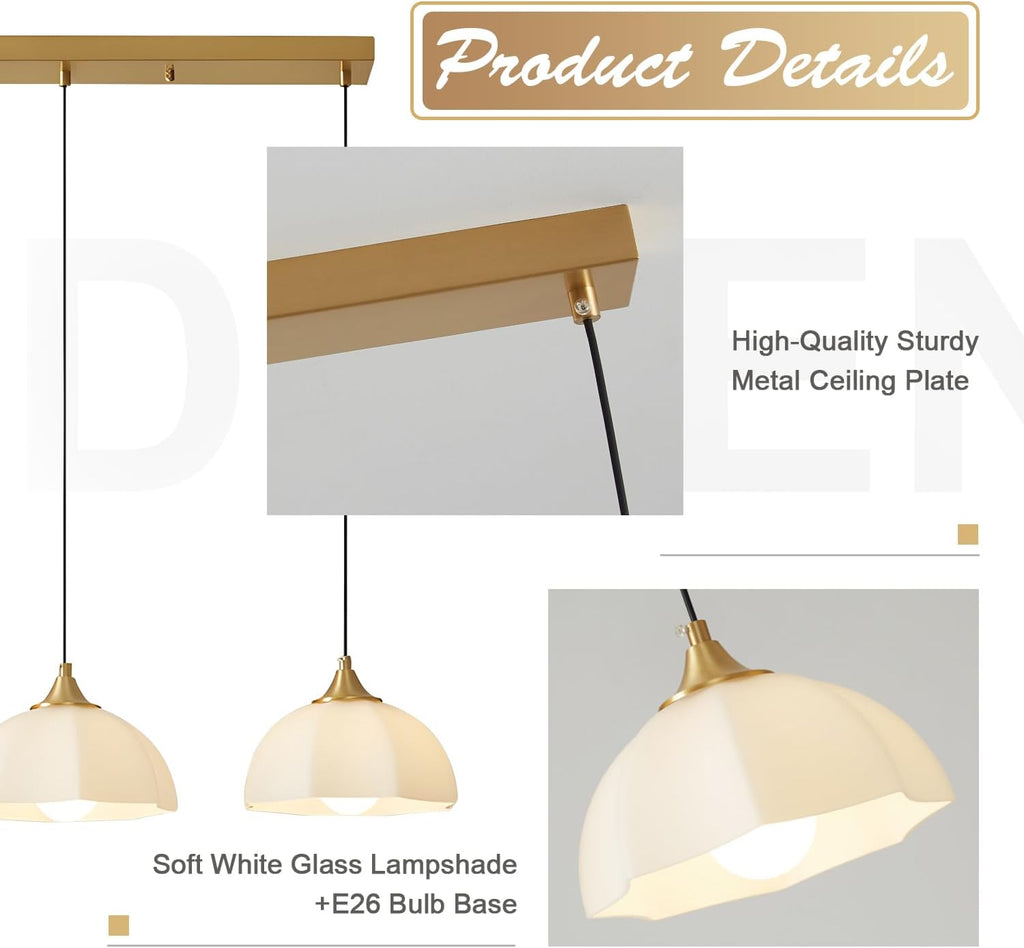 Modern 3 Light Pendant Lighting Gold Linear Dining Room Light Fixture Milk Glass Linear Chandelier Brass and White Pendant Lights Kitchen Island 3 Bulb Hanging Ceiling Light MPL17-3S GD