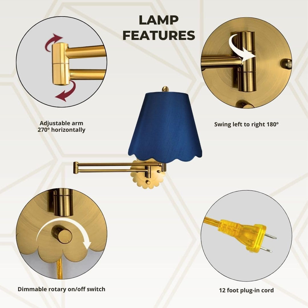 Royal Designs, Inc. Set of 2 Scalloped Swing-Arm Dimmable Wall Lamp - Brushed Satin Brass Lamp with Navy Blue Scallop Hardback Lampshade