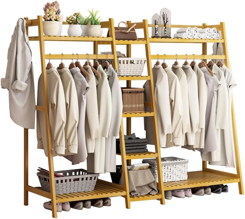 Bamboo Clothes Rail Stand - Freestanding Coat Garment Rack with Hanging Rod, Trapezoid Structure, Open Wardrobe Storage Organiser/A/50 * 40 * 140Cm,A,150 * 40 * 140Cm