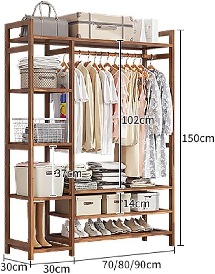 Freestanding Bamboo Clothes Rack with Hanging Rod, 2 Shelves & Hooks - Open Wardrobe Garment Stand for Bedroom & Hallway, Natural Wood Storage Solution