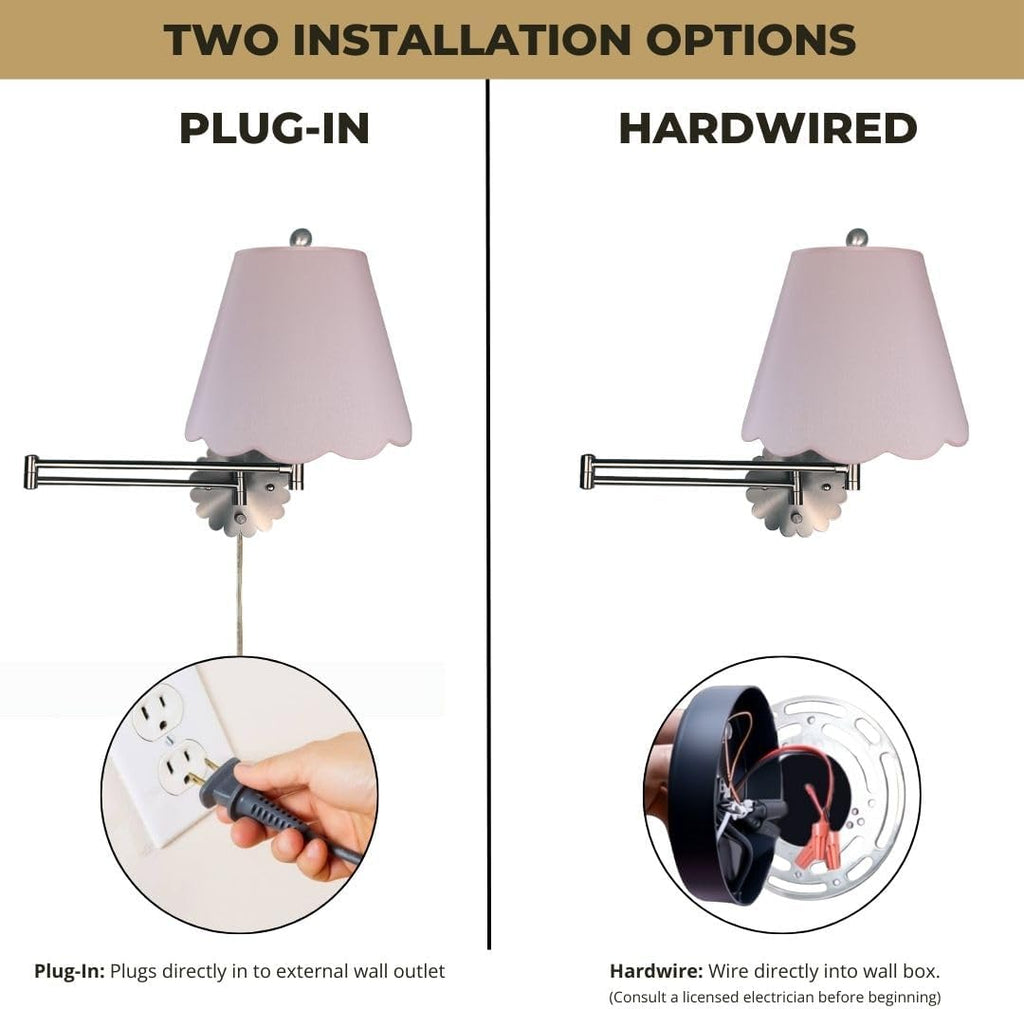 Royal Designs, Inc. Set of 2 Scalloped Swing-Arm Dimmable Wall Lamp - Brushed Nickel Lamp with Pink Scallop Hardback Lampshade