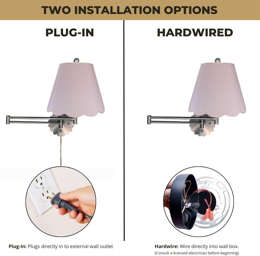 Royal Designs, Inc. Set of 2 Scalloped Swing-Arm Dimmable Wall Lamp - Brushed Nickel Lamp with Pink Scallop Hardback Lampshade