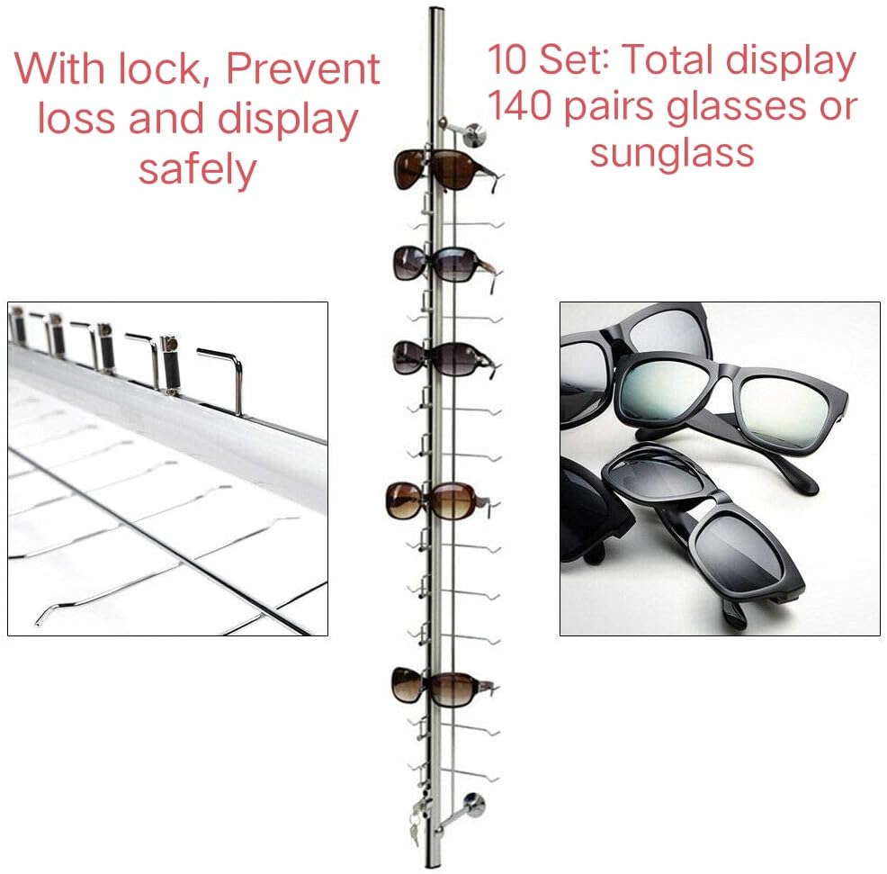 (with Lock)10 Set Retail Display for 140 Sunglass Glasses, Sunglasses Holder Rack, Sunglass Display Stan, Wall Eyewear Holder Eyeglass Rack Sunglass Organizer Eyeglasses Storage