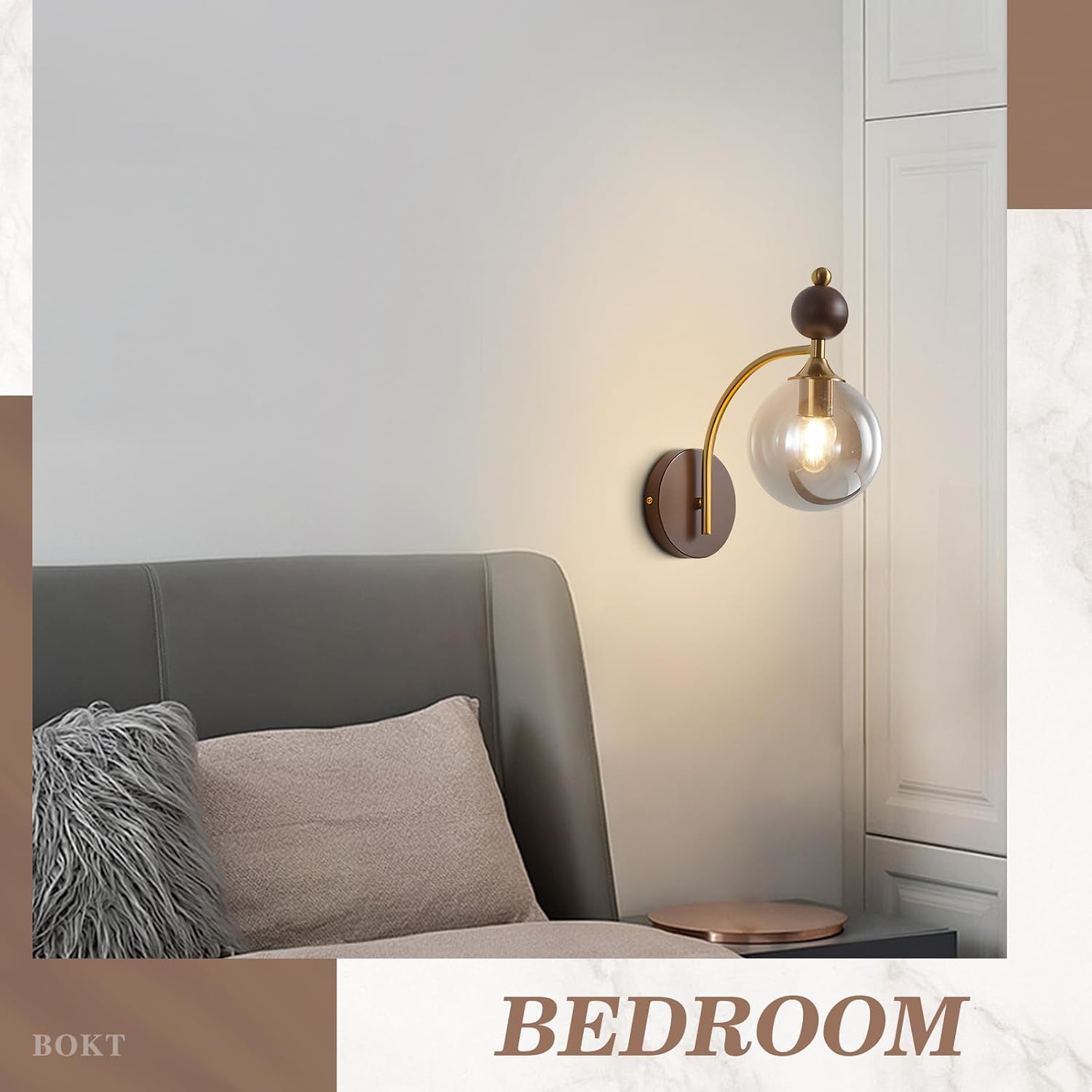 BOKT Modern Glass Globe Wall Sconce with 5.9' Smoke Grey Round Lampshade Small Wall Sconces Set of Two Farmhouse Wall Mounted Sconce Light Vintage Wooden Wall Lights for Bedroom Bathroom