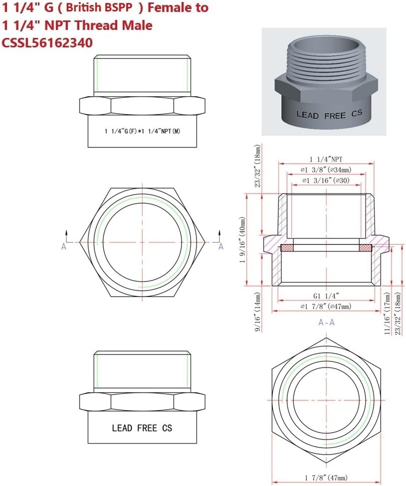 G Thread (British BSPP) Female to NPT Thread Male Pipe Fitting Adapter - Lead-Free (1 1/4' x 1 1/4' (4 Pieces))