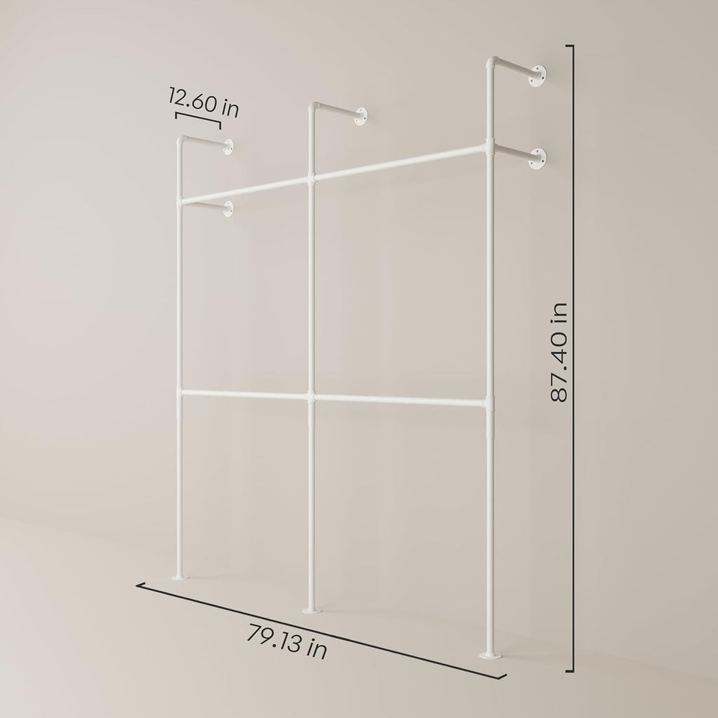 pamo Industrial Pipe Clothing Rack White Metal - 660 lbs Capacity - Wall-Mounted Clothes Racks for Hanging Clothes - Modern Walk-In Closet