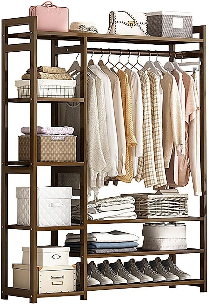 Bamboo Coat Stand with Storage Shelves and Compartments Portable Clothes Rack for Bedroom and Entryway