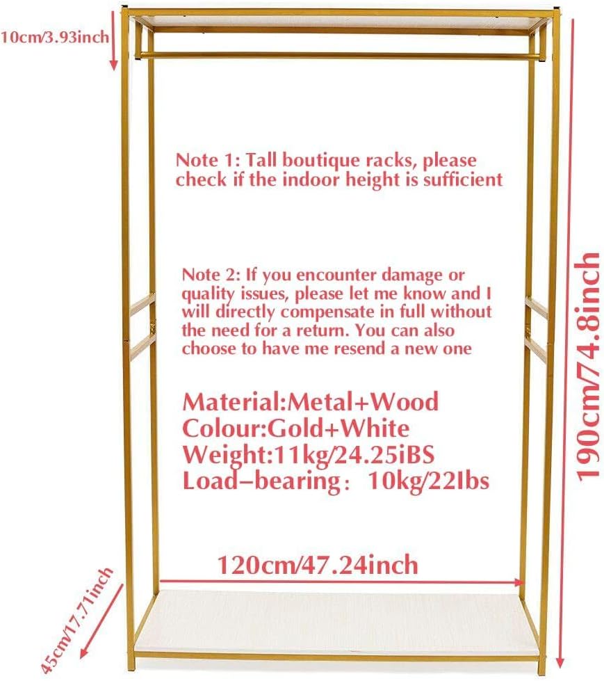 75' Tall Gold Clothing Garment Rack Boutique Retail Display Stand | W/ 2 Wood Shelf Clothes Wedding Dressr Racks for Hanging Long Dresses, Closet Wardrobe Shoes Bags Hats Clothes Organizer