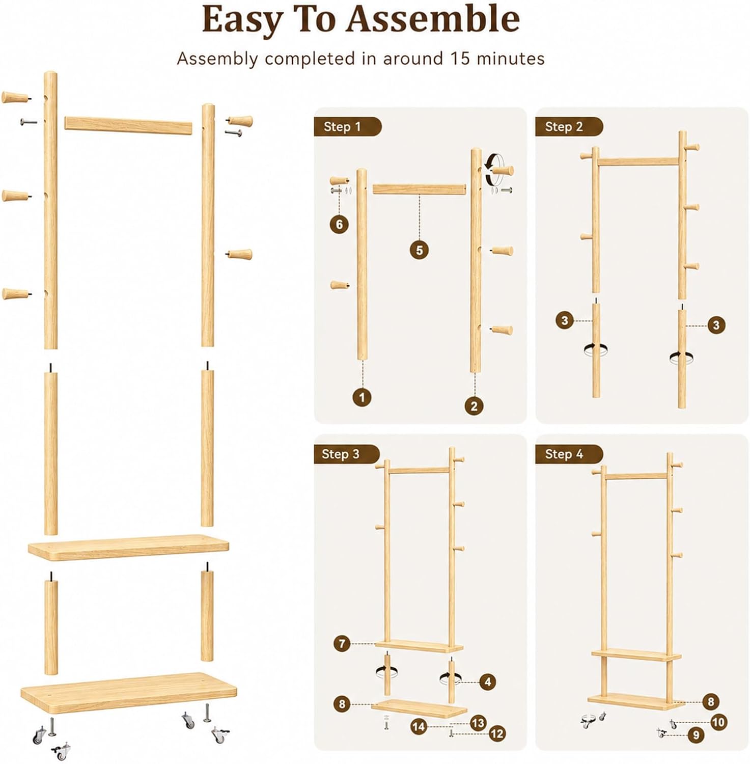 Solid Wood Coat Rack Freestanding Clothing Rack with Wheels & 2 Shelves Storage & 5 Hooks Heavy Duty Clothes Rack Wood Coat Tree Stand Hat Hanger Rack for Corner Bedroom Entryway Living Room Hotel