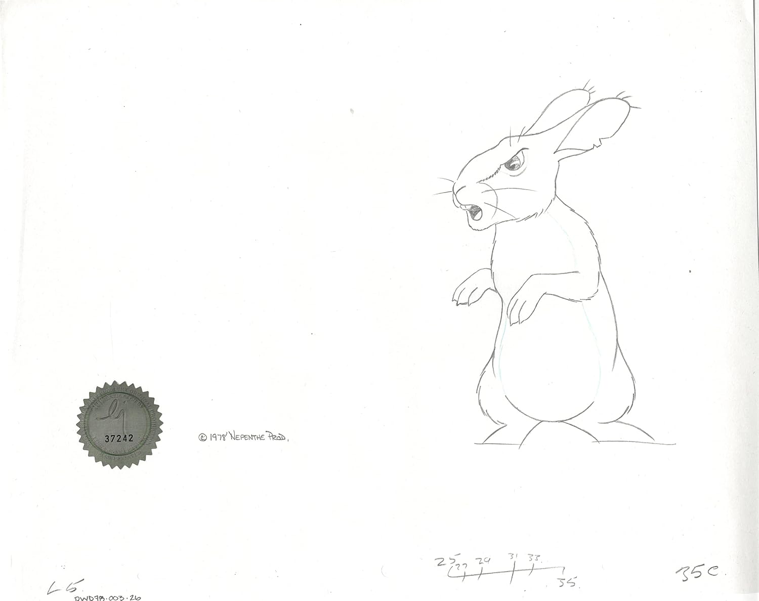 Watership Down 1978 Production Animation Cel Drawing with Linda Jones Enterprise Certificate of Authenticity 003-26
