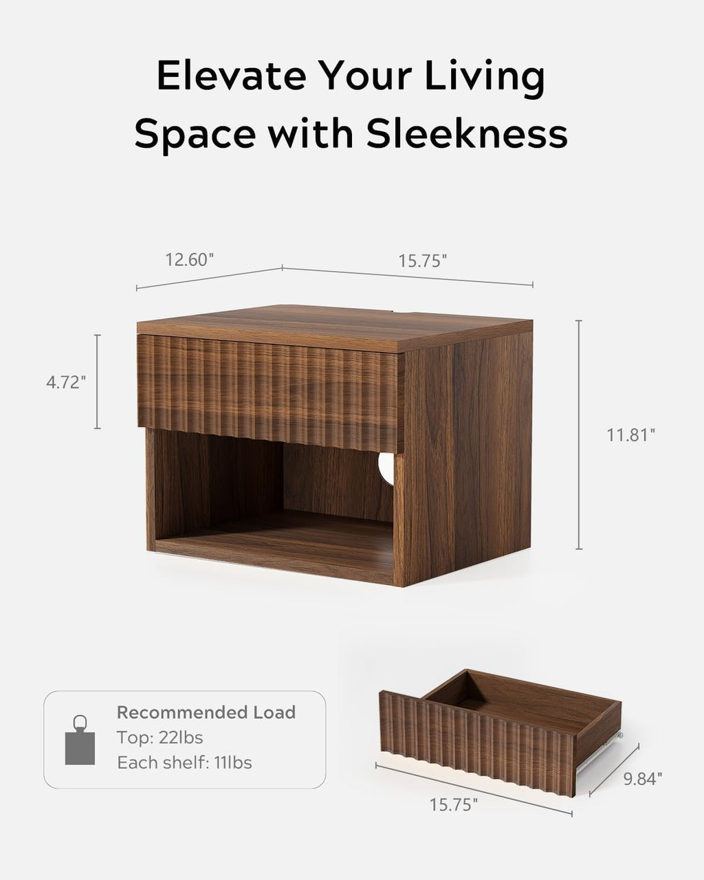 EYYTHUNG Floating Nightstand Set of 2 with Drawer, Fluted Modern Night Stand with Fluted Door and Open Storage Shelf Wall Mounted Bedside Table for Bedroom, Entryway Brown