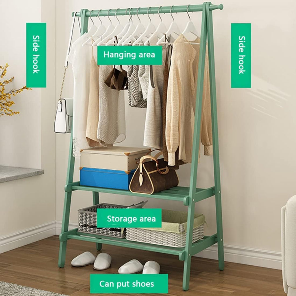Coat Rack, Bamboo Garment Rack 2 Tier Storage Shelves Clothes Hanging Rack With 2 Side Hooks Clothing Rack Portable Wardrobe Closet Organizer Load Up To 70kg