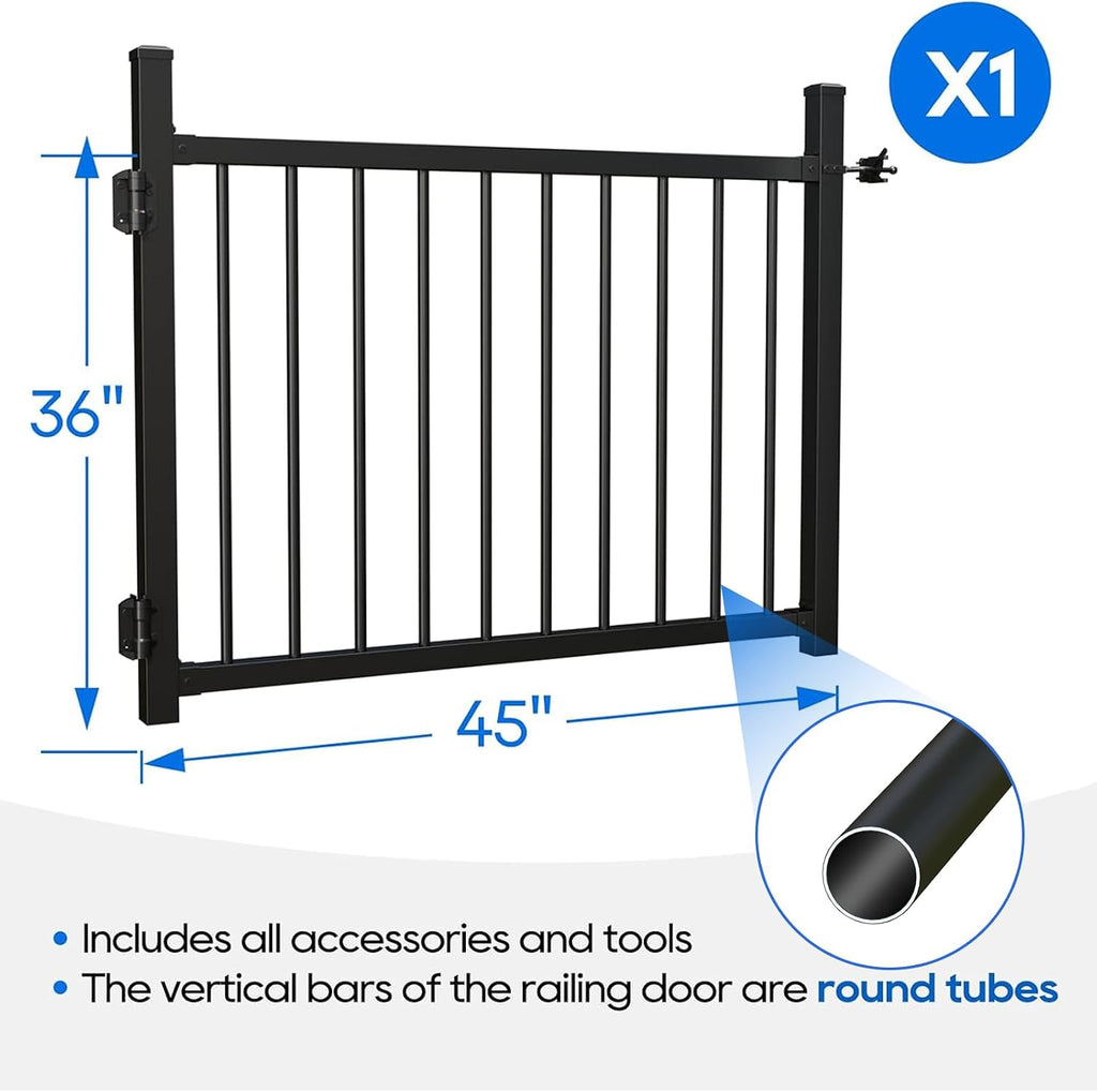 36'x45' Aluminum Gate with Self-Closing Hinges,Round Tube 3/4' pickets,DIY Adjustable Width Black Powder Coated Deck gate Kits Incl. Hinges Latch for Deck Railing Patios Gardens Indoor Outdoor