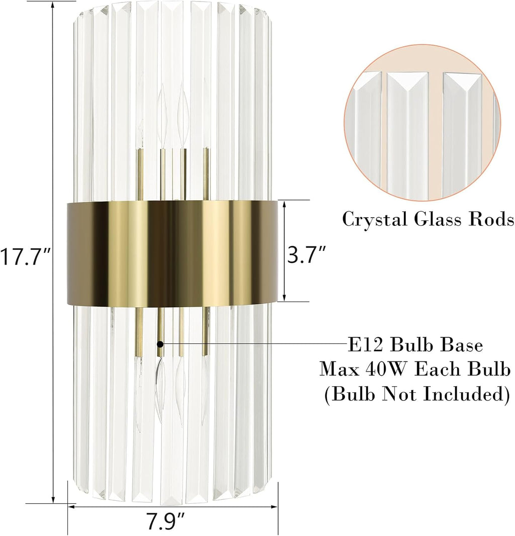 Gold Wall Sconces Set of Two Mid Century Modern Crystal Sconce Lighting 2-Light Brass Glass Wall Light Fixtures for Bathroom Bedroom Hallway Living Room
