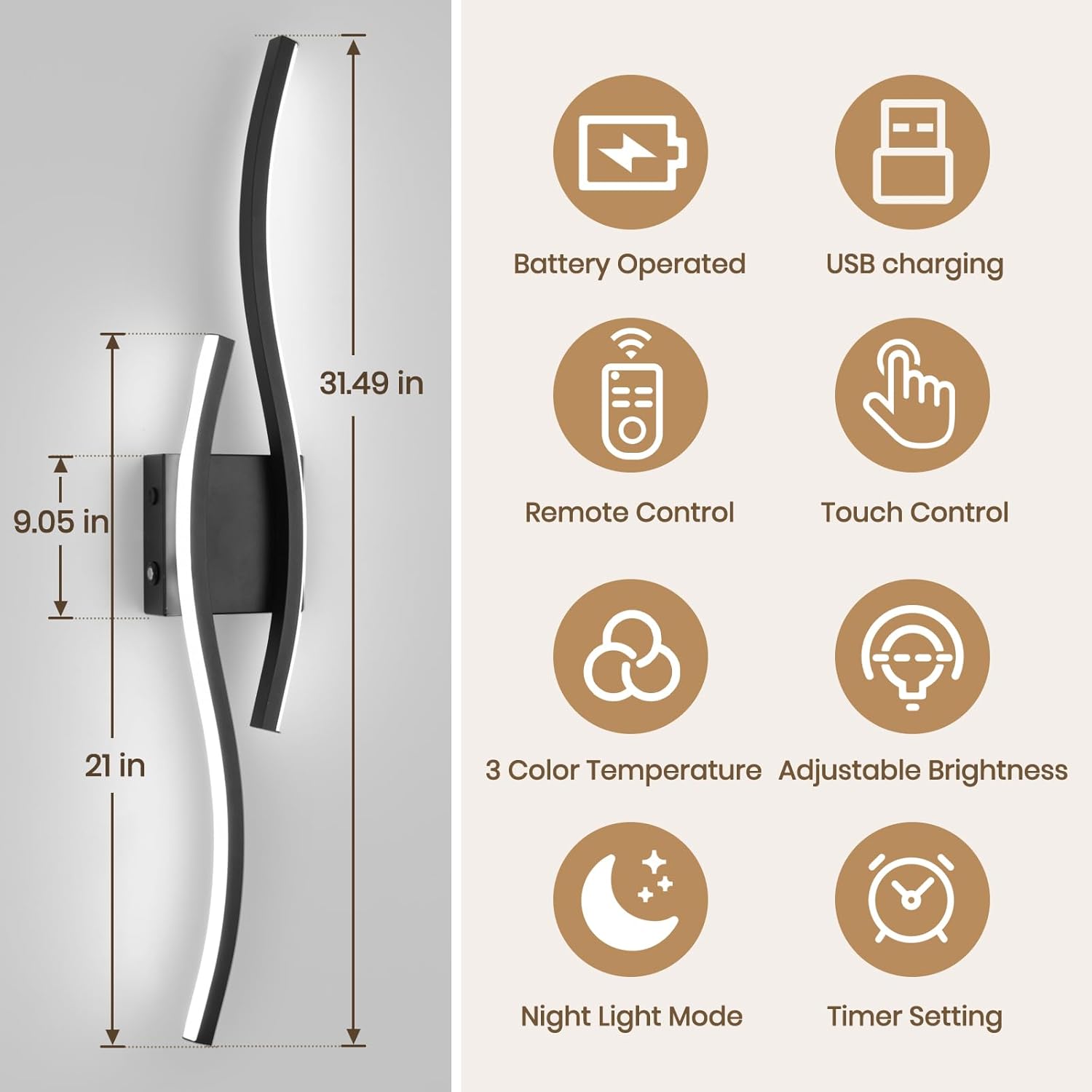 Modern LED Wall Sconce set of Two, Battery Powered Wall Sconces set of 2 with Timer, Black Wall Light with Remote, LED Wall Lamp indoor not hardwired for Bathroom Living Room Bedroom Corridor