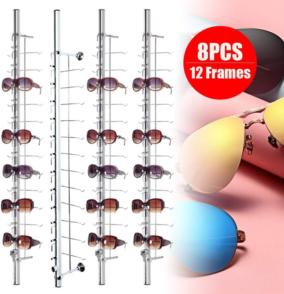 8 Pack Wall-Mounted Eyeglasses Holder Stand Aluminium Lockable Sunglasses Eyeglasses Eyewear Display Rack Rod for 12 Frames 1.1m/43.3in
