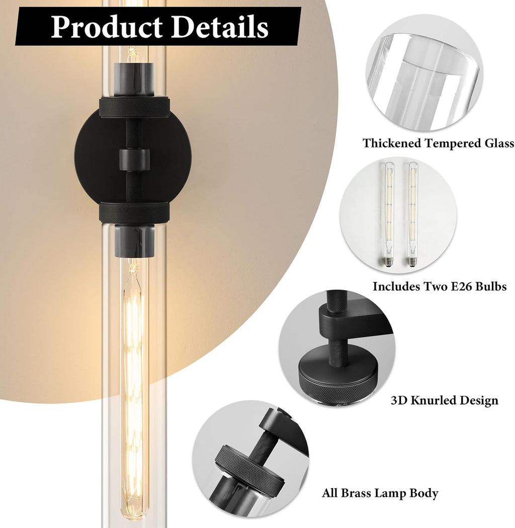 Knurled Brass Tube Wall Sconce - Luxury Modern Dimmable Sconces with Bulbs - Black Glass Vanity Light Fixture - Vertical or Horizontal Mounted Indoor Lighting for Bathroom Bedroom Living Room