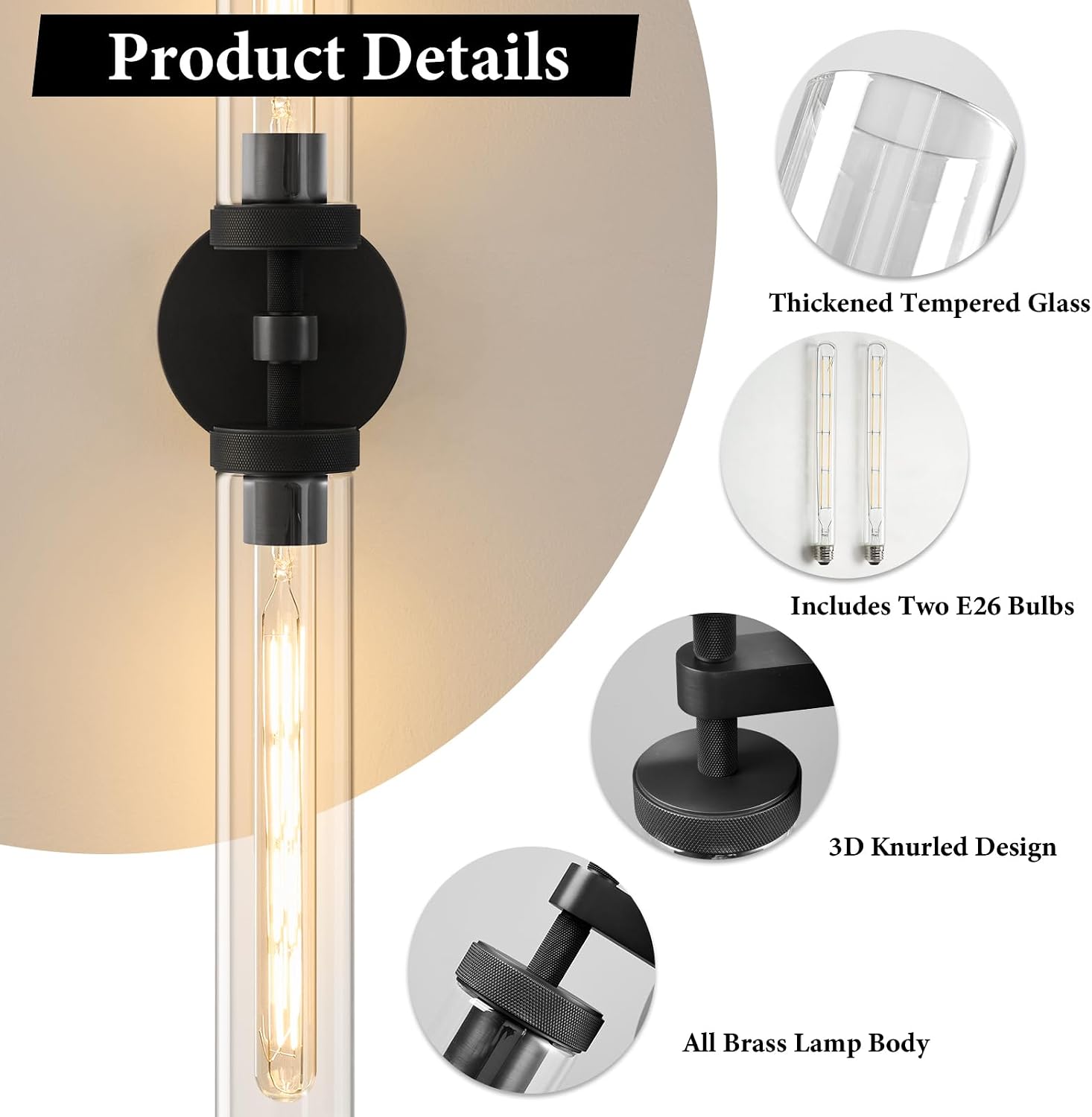 Knurled Brass Tube Wall Sconce - Luxury Modern Dimmable Sconces with Bulbs - Black Glass Vanity Light Fixture - Vertical or Horizontal Mounted Indoor Lighting for Bathroom Bedroom Living Room