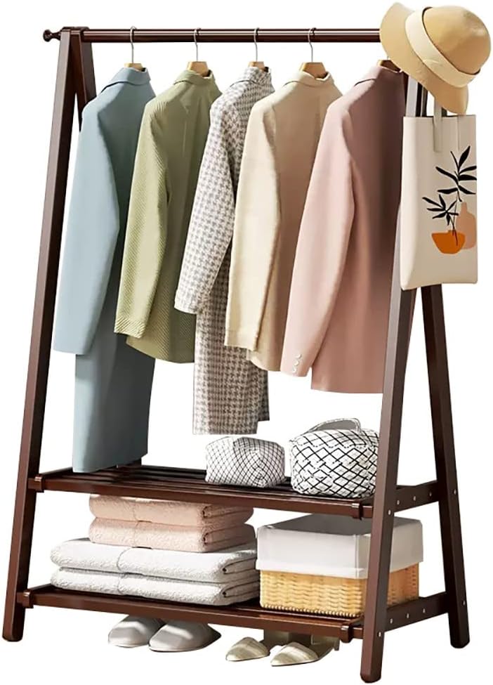 Coat Rack Bamboo Clothing Garment Rack with Coat Rail and Shoe Organizer Shelf Heavy Duty Wardrobe Storage Stand for Hanging Clothes