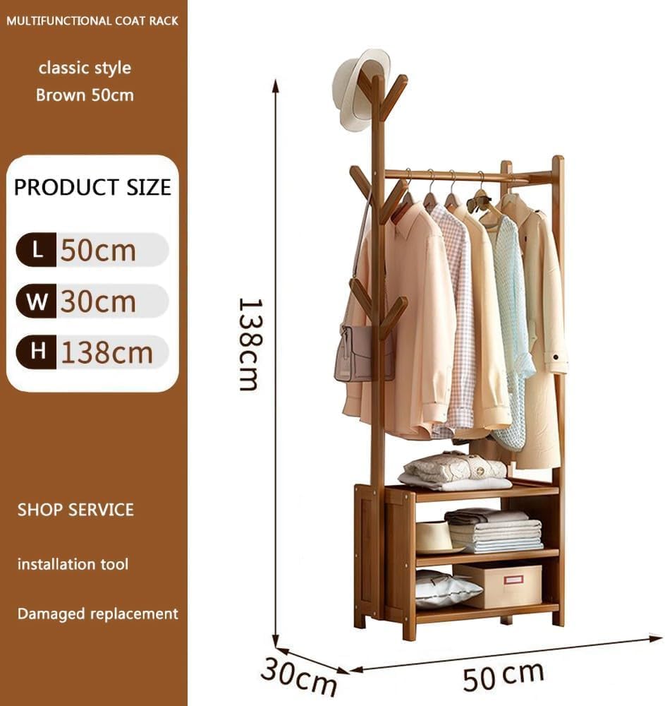Bamboo Garment Coat Clothes Hanging Rack Closet with Wheels Garment Rack Organizer Rod for Bedroom Free Standing Coat Rack Garment Clothes Hanging Rack Foldable Space Saving