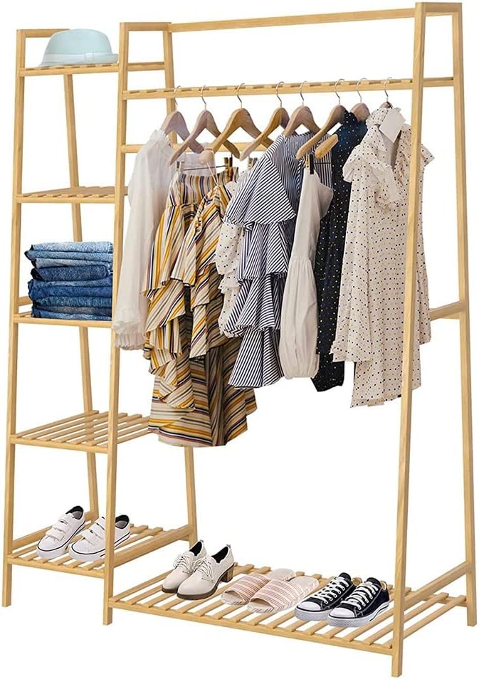 Free-Standing Closet Organizer Heavy Duty Clothes Storage Garment Rack Bamboo Clothing Rack with Shelves and Hanging Rod for Bedroom Capacity 300lb (Color : Wood, Size : 11040140cm)
